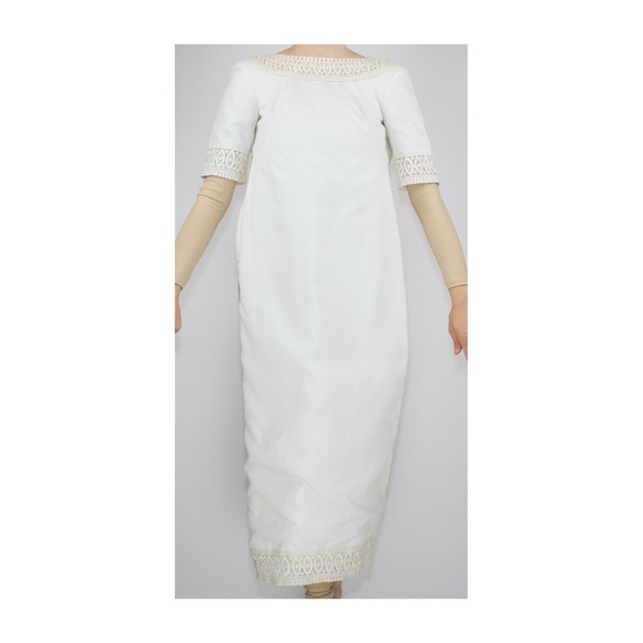 Vintage White Maxi Dress Straight Cut Lace Collar - Picture 3 of 3